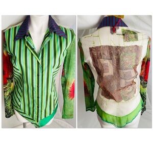 Save the Queen green multicolor stripe snap shirt S